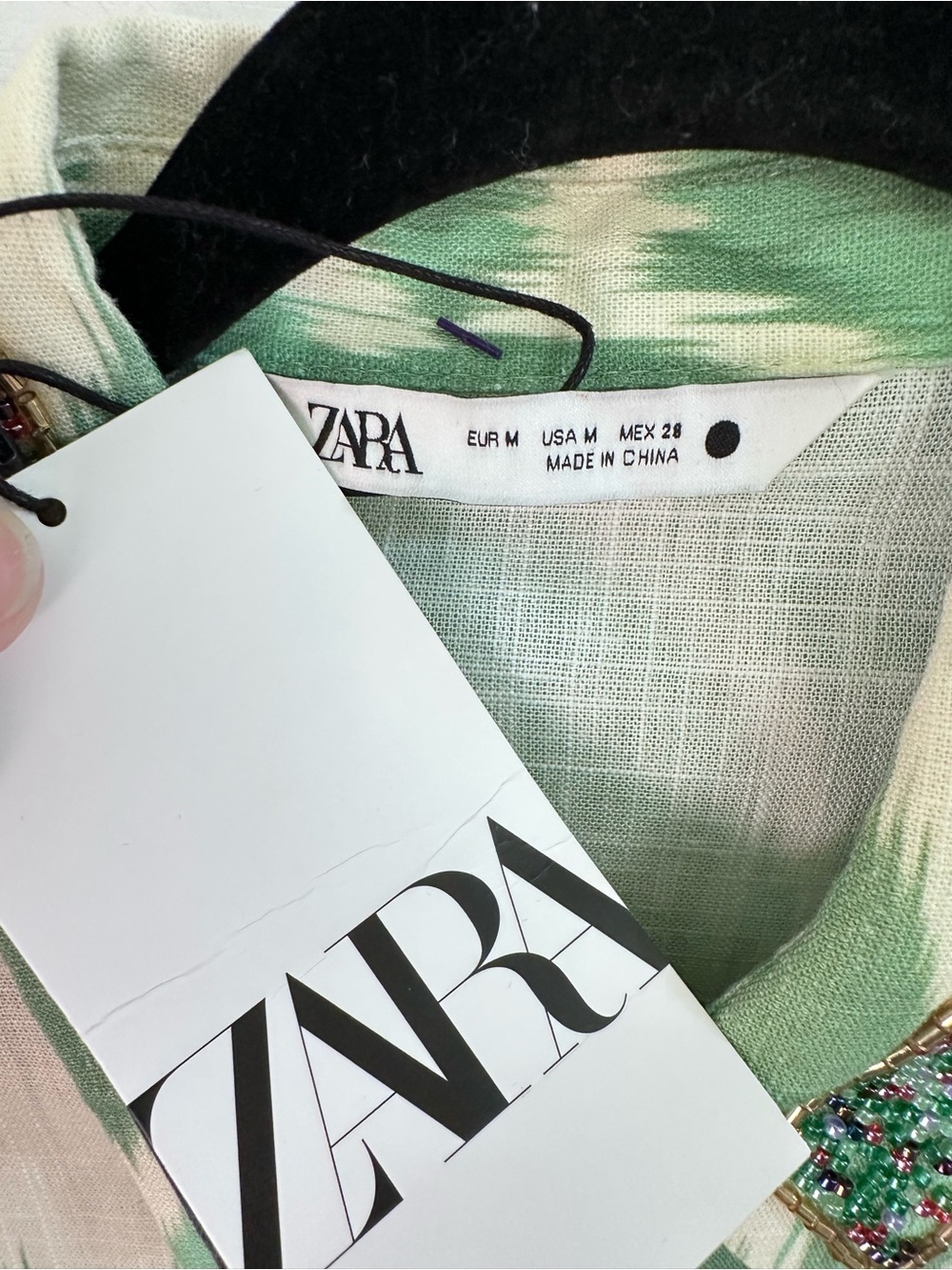 NEW Zara M Ikat green linen blend beaded hidden button contemporary blouse boho - Picture 6 of 14